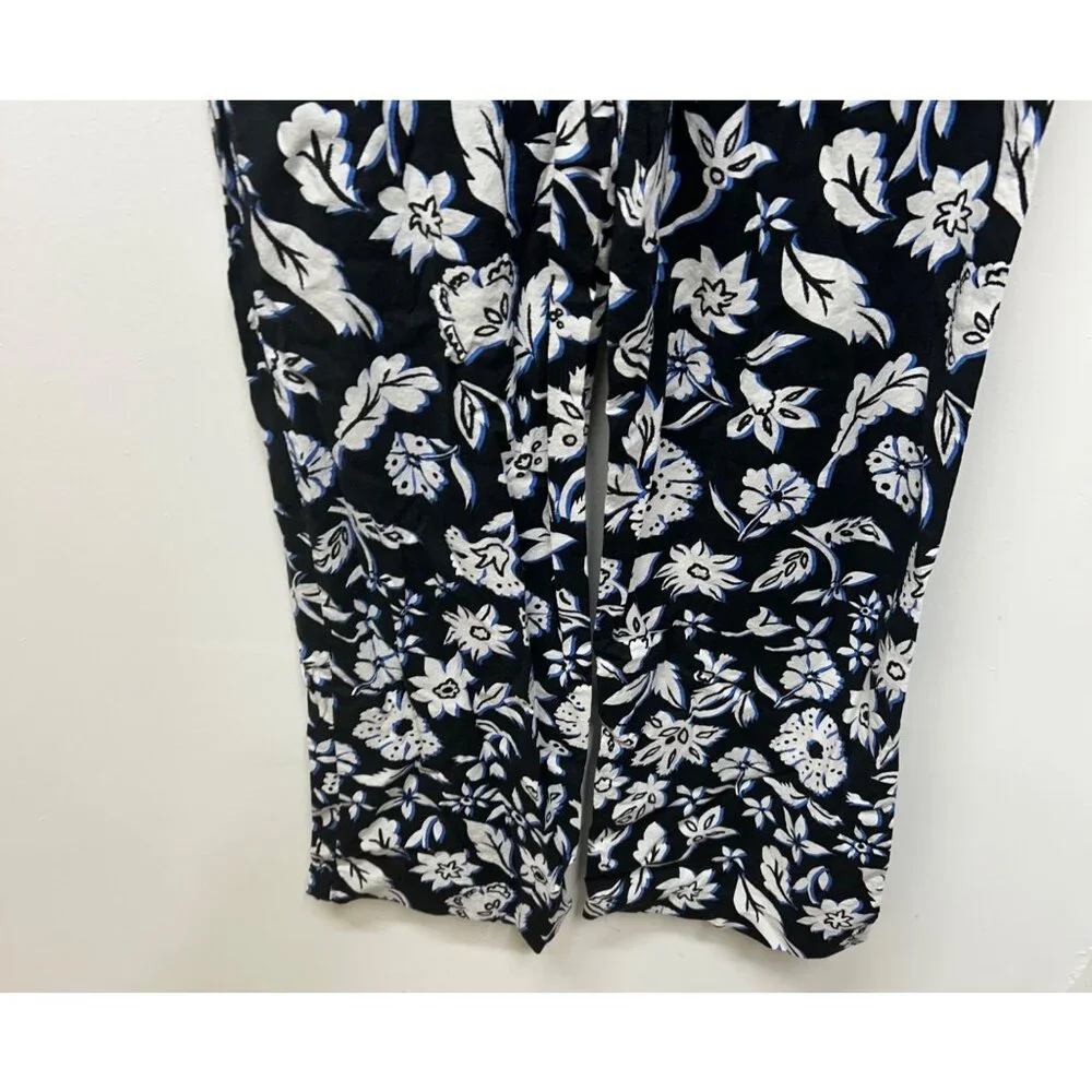 Zara Black & White Floral Print Wide Leg Pants With Pockets linen medium
